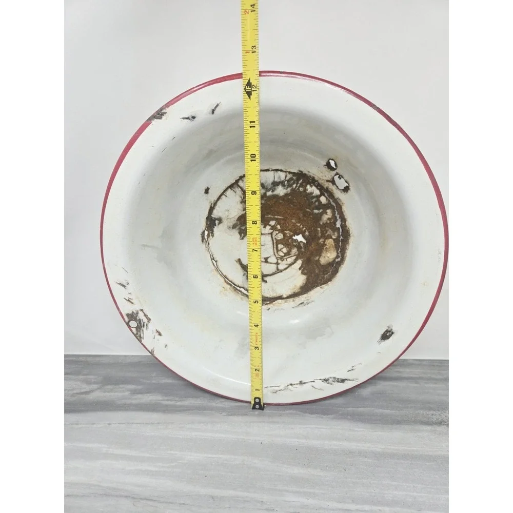 VTG White Red Enamelware Basin Bowl Antique Primitive Farm  12